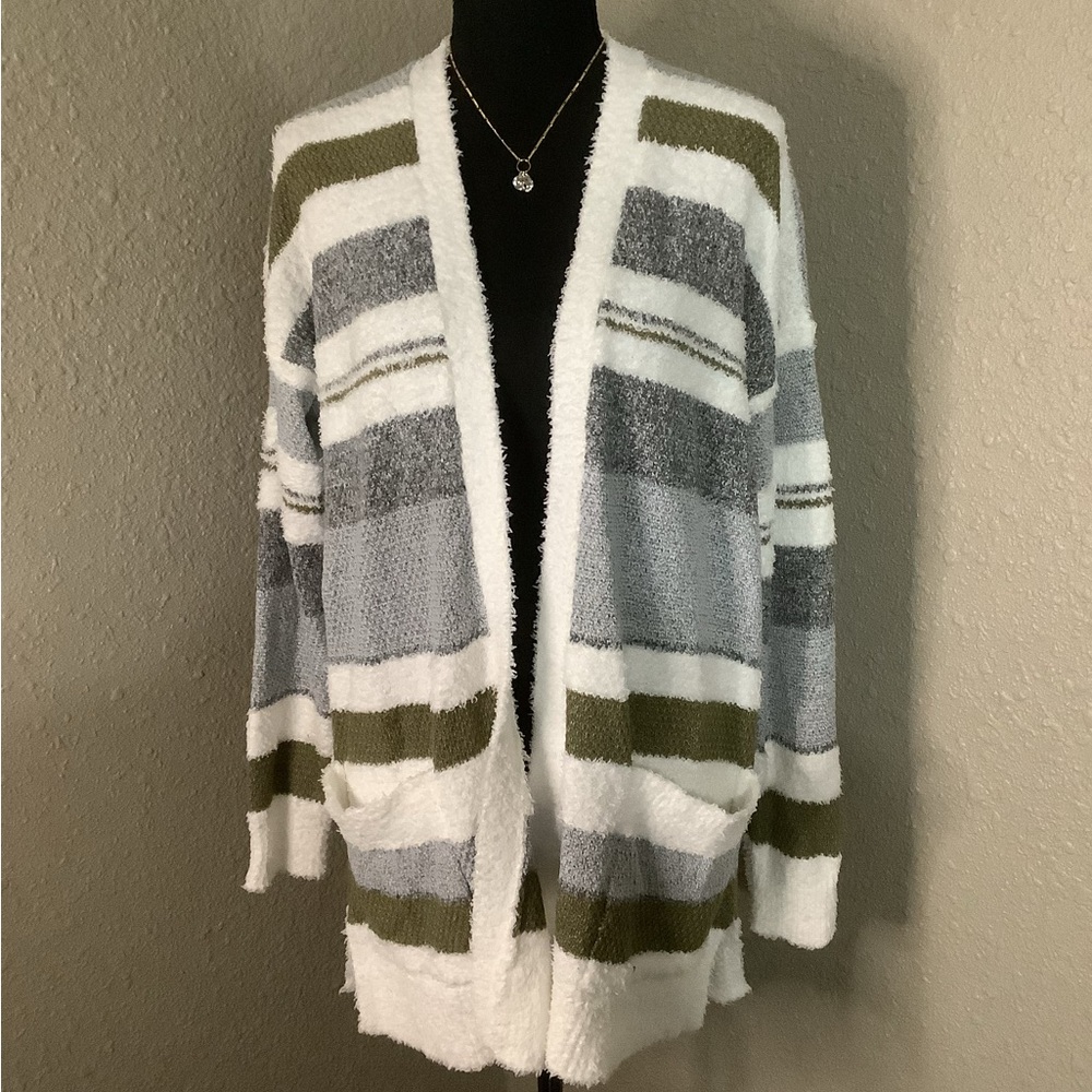 NWT PINK CLOVER Fleeced Cardigan‎ in multi - gray,charcoal,white,green